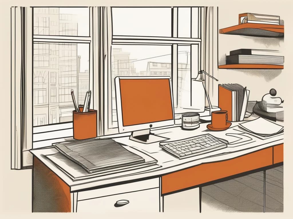 Desk beside the workshop window — notebook, phone and a technical drawing