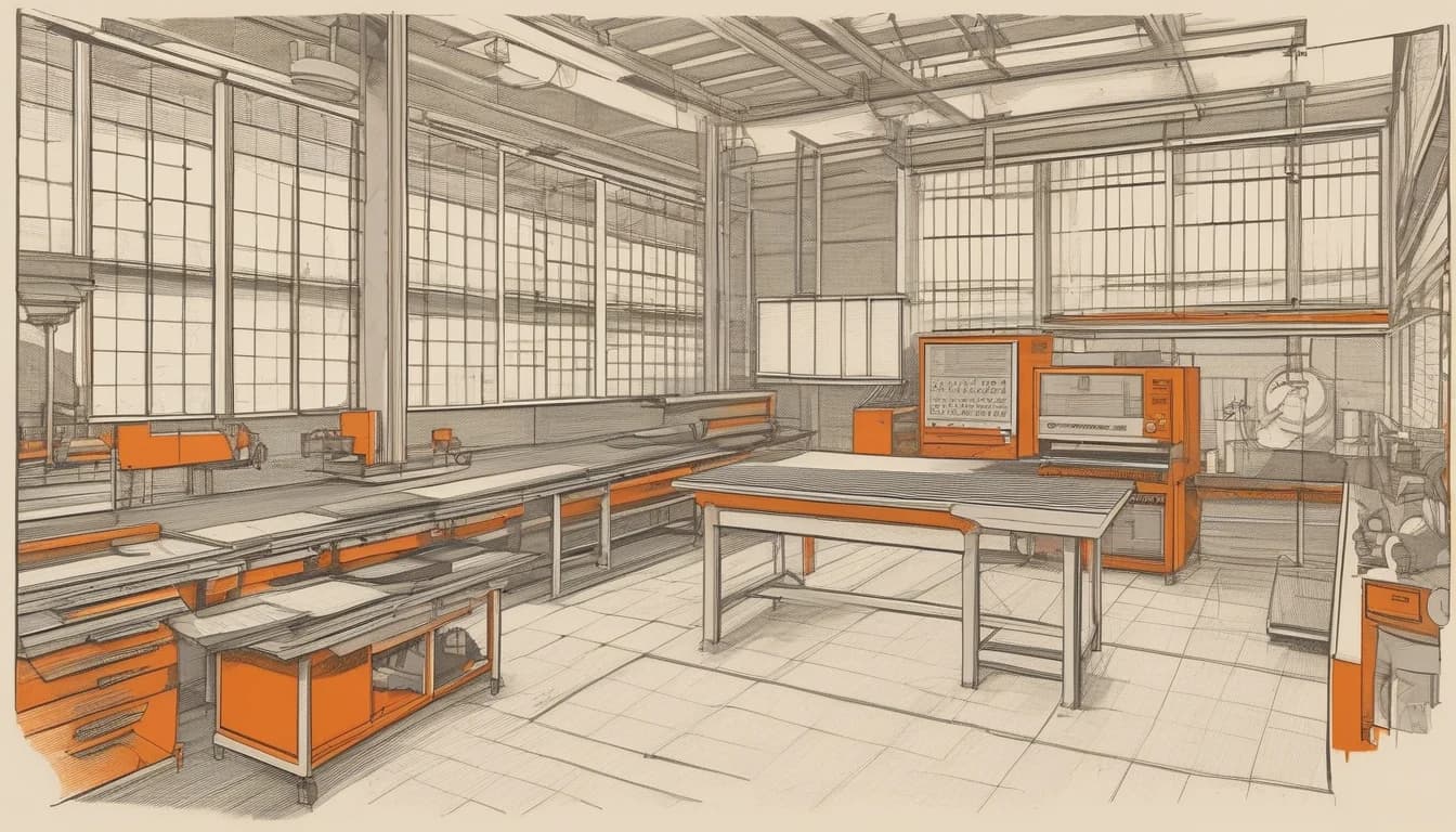 Industrial workshop: benches, control cabinet and machine line