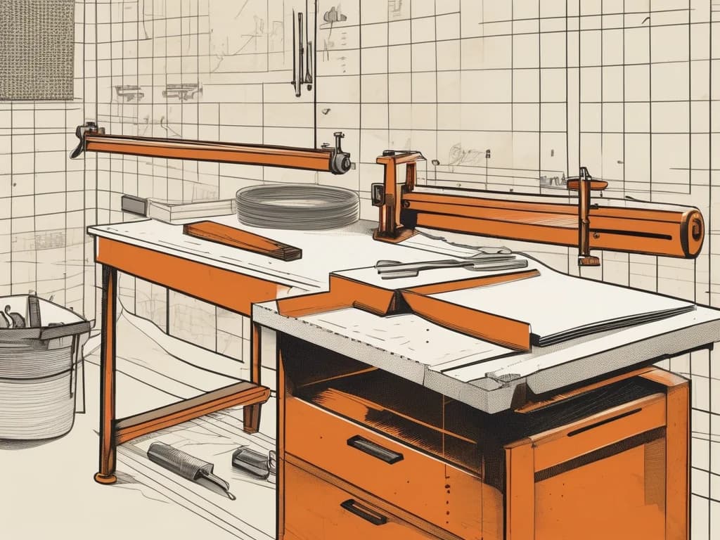 Workshop bench — vise, hand tools and measuring equipment